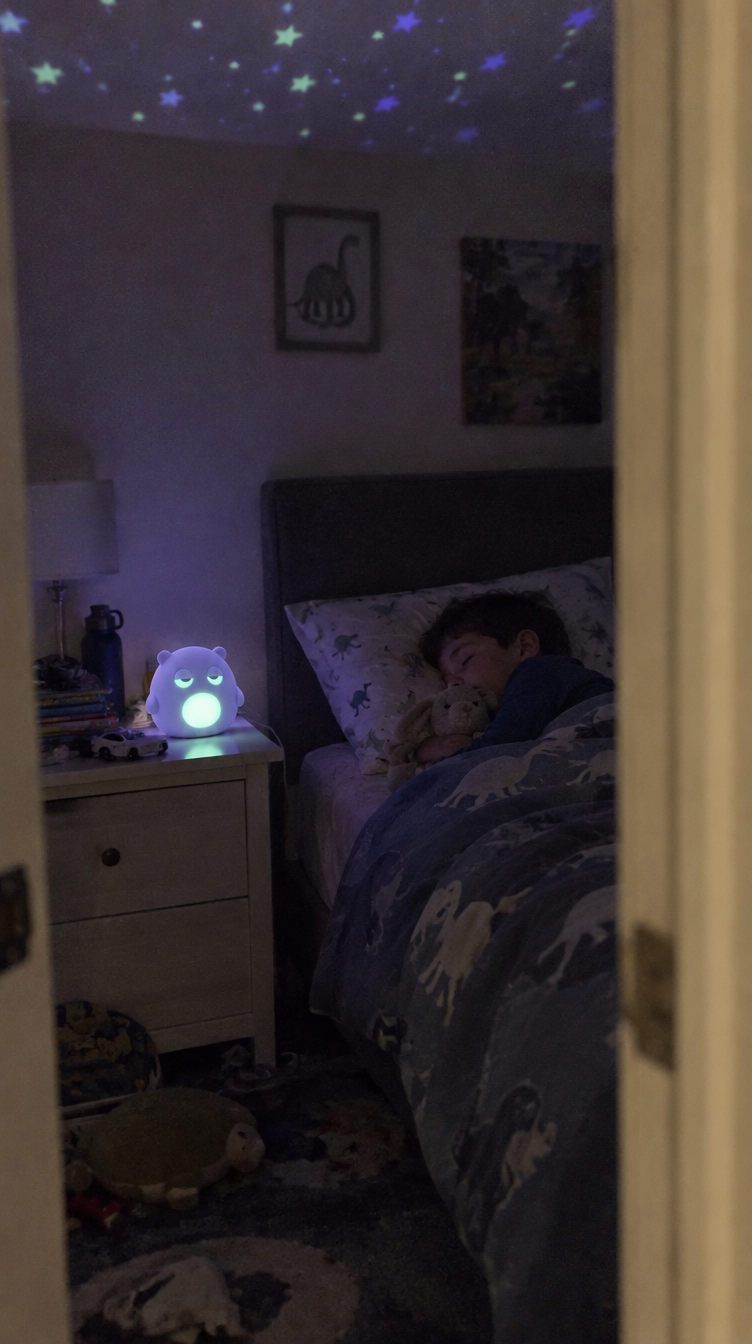 A kid asleep next to SNOOZLE